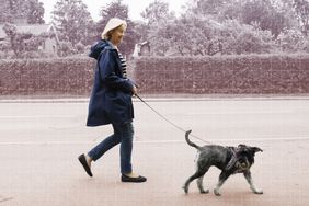 a photo of a woman walking her dog 