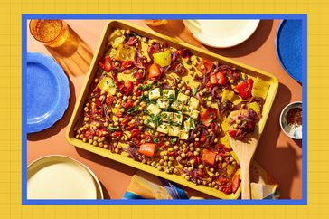 a recipe photo of the Sheet-Pan Baked Feta with Bell Peppers & Chickpeas