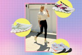 a collage featuring Kelsea Ballerini wearing the celeb loved Reebok sneakers and a few pairs of the Reeboks in various colors