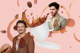 a collage of Pedro Pascal and Nick Jonas with a splash of espresso coming out of a mug and coffee stains and beans flying around