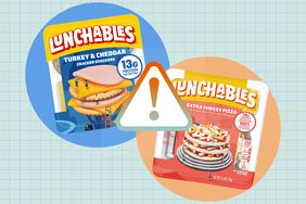 a collage featuring Lunchables Turkey & Cheddar Cracker Stackers and Extra Cheesy Pizza kits