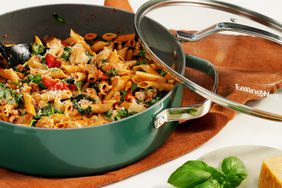 a photo of a pan from EatingWell's latest cookware collection with One Skillet Easy Ground Chicken Pasta in the pot