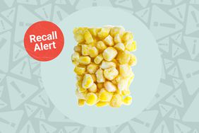 a photo of a block of frozen corn and a recall alert badge