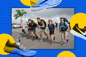 a collage featuring a photo of the contestants on this season's Amazing Race along with some of their favorite running shoes