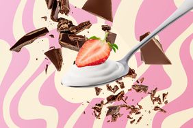 a collage of a strawberry on top of a spoonful of Greek yogurt in front of pieces of chocolate