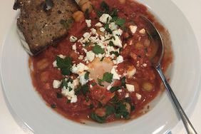 chickpea, tomato, egg dinner with feta and toast