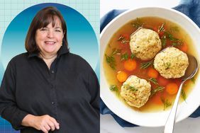 a side by side of Ina Garten and EatingWell's Matzo Ball Soup with Carrot & Dill