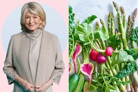 Martha Stewart next to an array of spring produce including asparagus and radish
