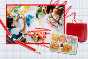 a collage featuring a photo of children eating lunch together at school, a plastic red lunchbox, a cafeteria tray filled with food, a broken red color pencil, and red color pencil scribbles