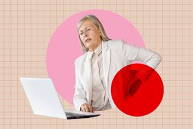 a photo of an older woman sitting at her desk with her laptop, expressing pain in her back