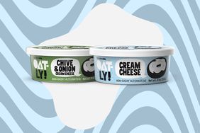 a side by side of the Oatly Chive and Onion and Regular Cream Cheese