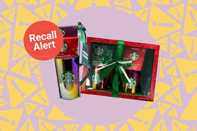 a collage featuring some of the Starbucks holiday gift sets with the metallic mugs, hot cocoa, and gift cards with the "recall alert" badge