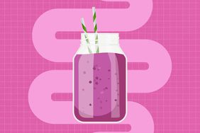 an illustration of a blueberry banana smoothie with a gut in the background