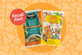 a side by side of the Taylor's Farm Mexican Style Street Corn salad two pack and the Trader Joe's Elote Chopped Salad Kit with the "recall alert" badge